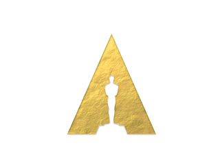 A gold textured triangle with a silhouette of an Oscar statuette cut out from the center.