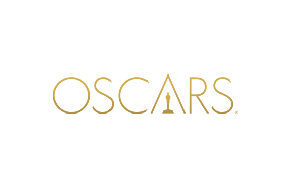Gold text reading OSCARS with a small silhouette of an Academy Award statue inside the letter A.