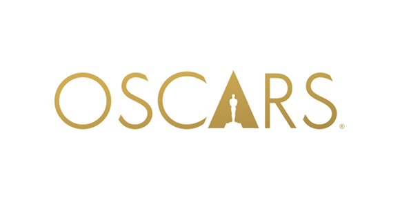 Gold text reading OSCARS with a silhouette of an Academy Award statue inside a triangle.