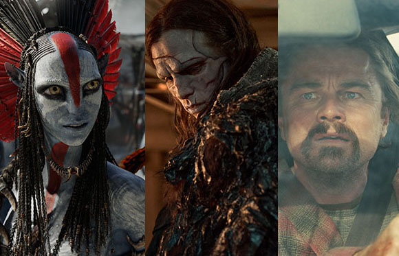 Three vertical panels showing a blue-skinned alien, a dark-haired person in profile, and a man with a mustache.
