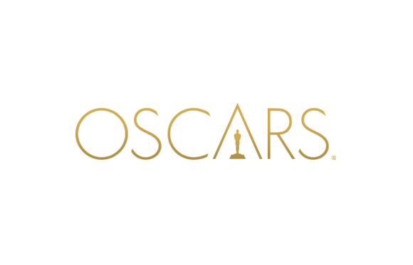 Gold text reading OSCARS with a small silhouette of an Oscar statuette inside the letter A.