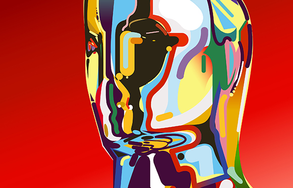Abstract colorful silhouette of a human head profile on a solid red background.