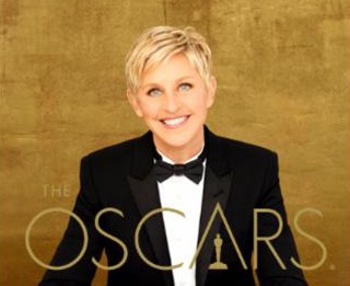 Ellen DeGeneres smiling in a black tuxedo against a gold background with The Oscars logo.