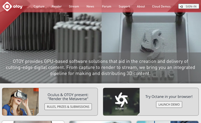 Otoy website homepage with a large banner of 3D models and promotional tiles for Oculus and Octane.