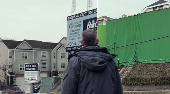 Split view of a residential street next to a large green screen used for film production.
