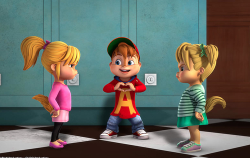Two blonde female chipmunks glare at a red-haired male chipmunk making a heart shape with his hands.