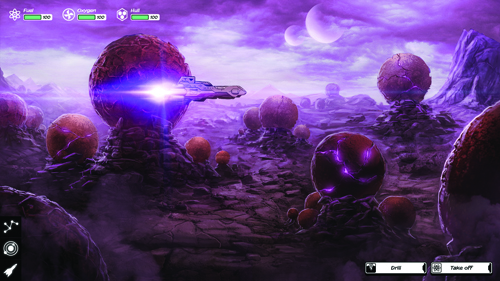 A spaceship flies past large, cracked purple spheres in a rocky, purple-toned alien landscape.
