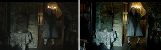A person in a long coat stands in a doorway next to a birdcage on a draped table in a dimly lit room.
