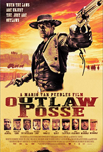 A man in a cowboy hat points a revolver toward the viewer against a sunset background.
