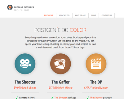 Website interface for Postgenie Color displaying three service tiers: The Shooter, The Gaffer, and The DP.