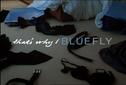 Clothing, shoes, and bags scattered on a floor with the text 'that's why I BLUEFLY' overlaid.