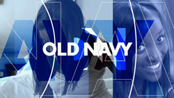 The Old Navy logo in white text overlaid on a close-up of a smiling woman's face.