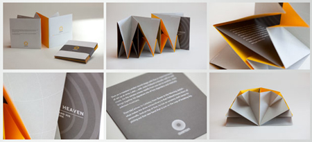 Six views of a grey and white folded paper brochure with bright orange interior accents.