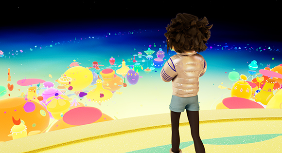 A character in a shiny jacket looks out at a vibrant, surreal landscape of floating colorful shapes.
