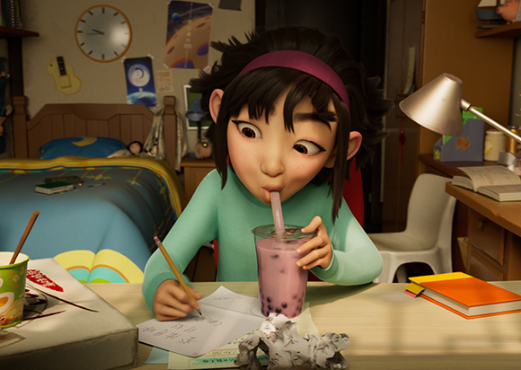 Animated girl with dark hair and a headband drinks pink bubble tea while writing at a desk in her bedroom.
