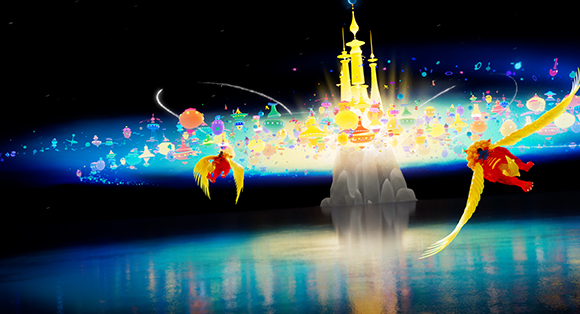 A glowing golden castle sits atop a mountain, surrounded by colorful floating orbs and flying winged creatures.
