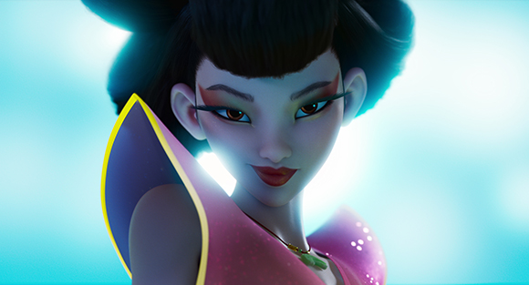 Animated woman with dark hair, winged eyeliner, and a pink collar against a bright blue background.