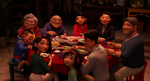 An animated multi-generational family sits around a red table filled with food in a dimly lit room.
