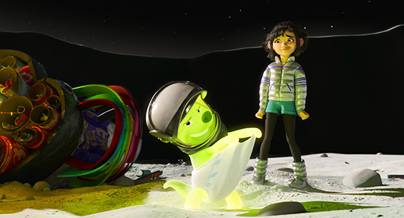 A young girl stands next to a small, glowing green creature on a dark, cratered moon surface.