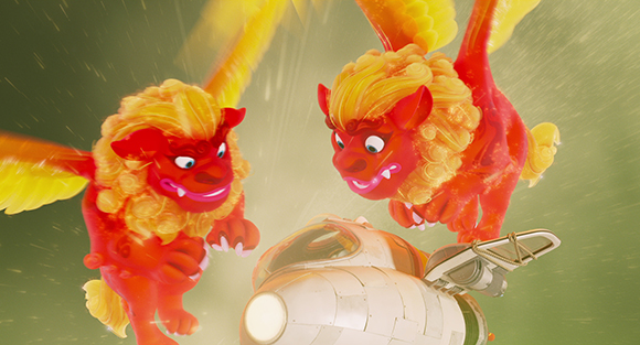 Two red, winged lion-like creatures flying through a golden light near a small white spacecraft.