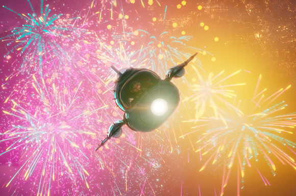 A small, rounded spacecraft with two side fins flies through a vibrant display of pink and yellow fireworks.