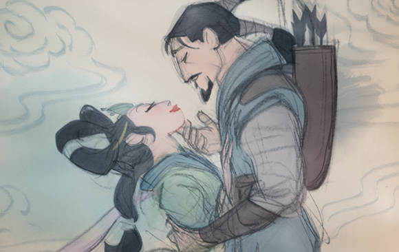 A sketch of a man leaning down to kiss a woman who is looking up at him.