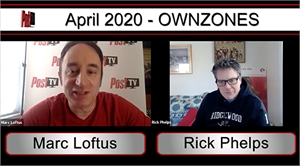 Split-screen video call showing Marc Loftus in a red shirt and Rick Phelps in a black hoodie.