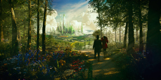 Two figures walk down a forest path toward a glowing, futuristic city on the horizon under a bright sky.