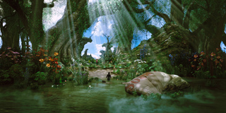 Sunlight streams through massive, ancient trees into a lush, misty forest clearing with colorful flowers.