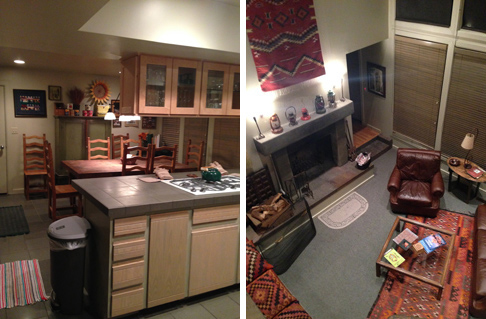 Split image of a kitchen with a dining table and a living room with a fireplace and seating.