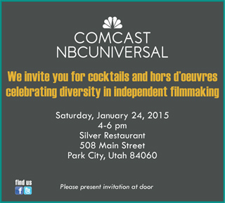 Invitation for cocktails and hors d'oeuvres celebrating diversity in independent filmmaking on Saturday, January 24, 2015, 4-