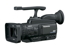 A black Panasonic HD camcorder with a hand strap and large lens.