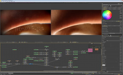 Video editing software interface with split-screen color grading and a complex node-based editing graph.