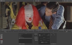 A person in red hair and clown makeup is viewed by another person in a video editing software interface.