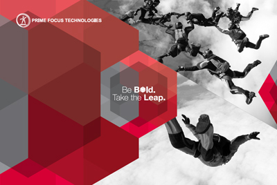 Graphic with red geometric shapes and black and white photos of people skydiving through clouds.