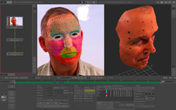 Computer screen shows a man's face with color-coded regions and tracking dots, alongside a 3D model of the face with similar
