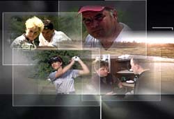 A collage of four overlapping frames featuring people outdoors, including a man in a red cap and a woman golfing.