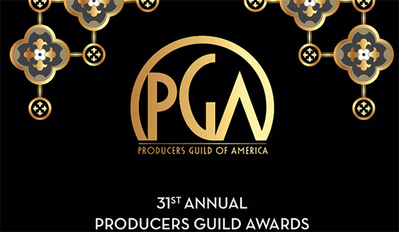 Gold Producers Guild of America logo on a black background with decorative gold and grey floral patterns.