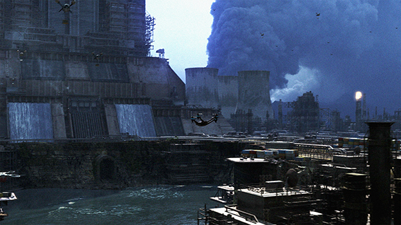 A sprawling industrial facility with large cooling towers and a massive dark smoke plume in the sky.