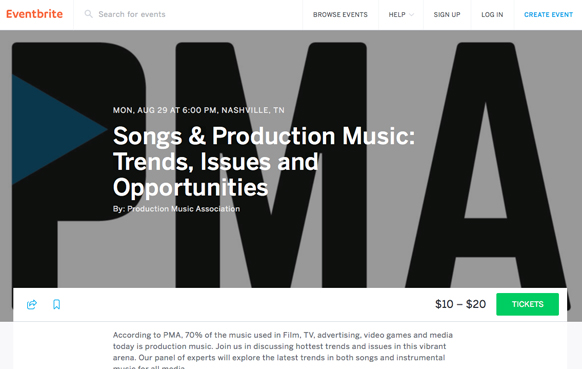 Eventbrite page for a production music event in Nashville on August 29th.