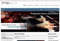 Website homepage for the Production Music Association featuring a banner of a musician playing a keyboard.