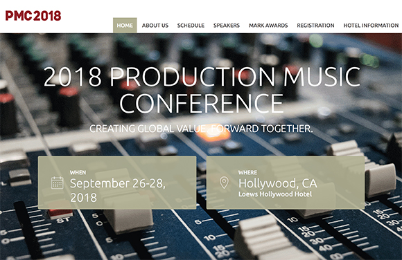Banner for the 2018 Production Music Conference over a blurred audio mixing console.