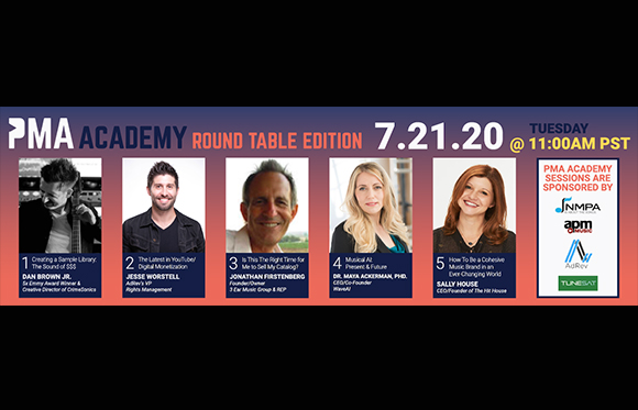 Promotional graphic for PMA Academy Round Table Edition on 7.21.20 featuring five speakers and session topics.