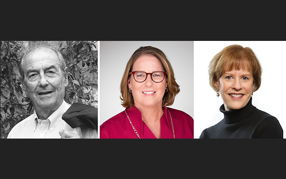 Three portraits: an older man in black and white, a woman with glasses in red, and a woman in a black turtleneck.