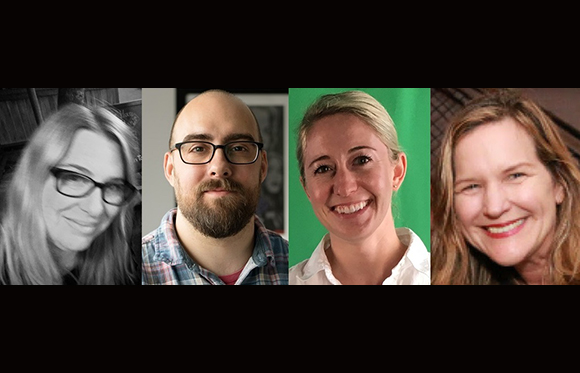 Four portrait headshots of a woman in black and white, a man with glasses, a woman in front of green, and a woman smiling.