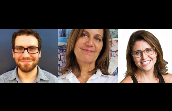 Three portraits of a man with glasses and a beard, and two women with smiling expressions.