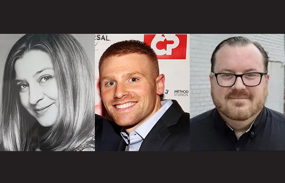 Three separate portraits of a woman, a man with red hair, and a man with glasses.