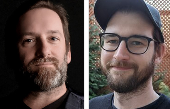 Two portraits of men with facial hair; one in low light and one wearing a baseball cap and glasses.