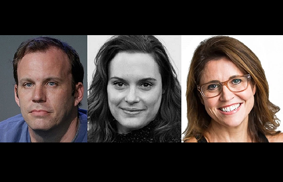 Three headshots: a man in blue, a woman in black and white, and a smiling woman with glasses.