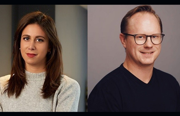 A woman with long brown hair in a grey sweater and a man with glasses in a black shirt side by side.